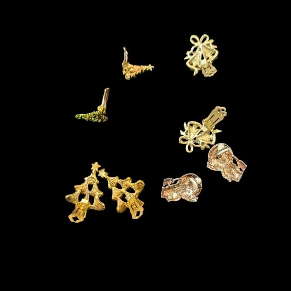 Vtg Christmas Clip On‎ Earrings Set 4 Pairs Trees Snowmen Bells Holiday Jewelry